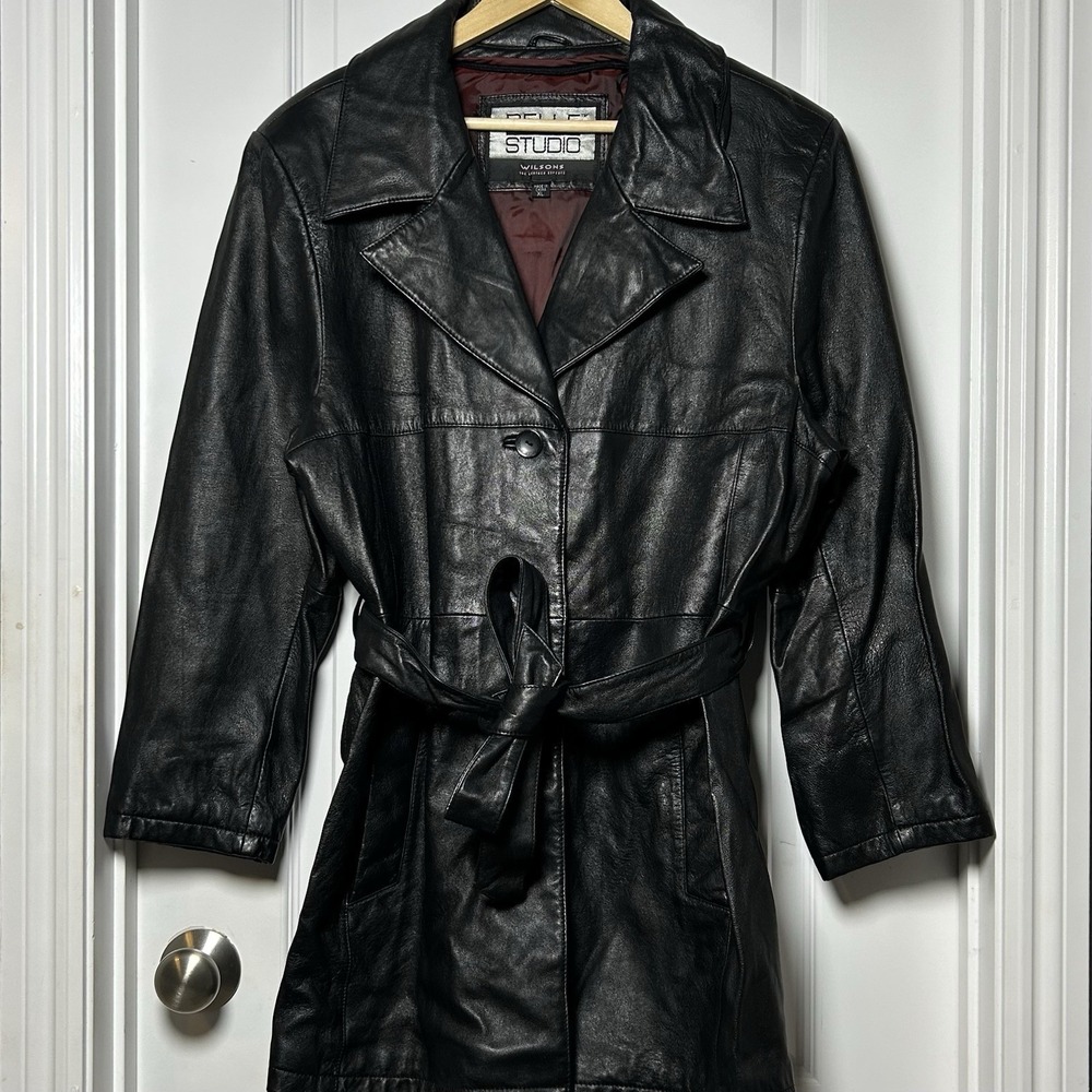 Pelle Studio Wilsons Vintage‎ Genuine Leather Black Belted Trench Longline Coat